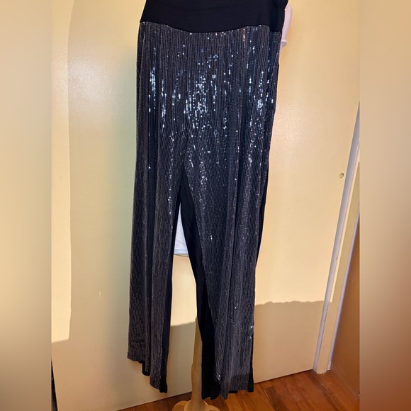 Avenue Jada Sequin Pant. Black Wide Leg Palazzo Pants - Picture 3 of 10